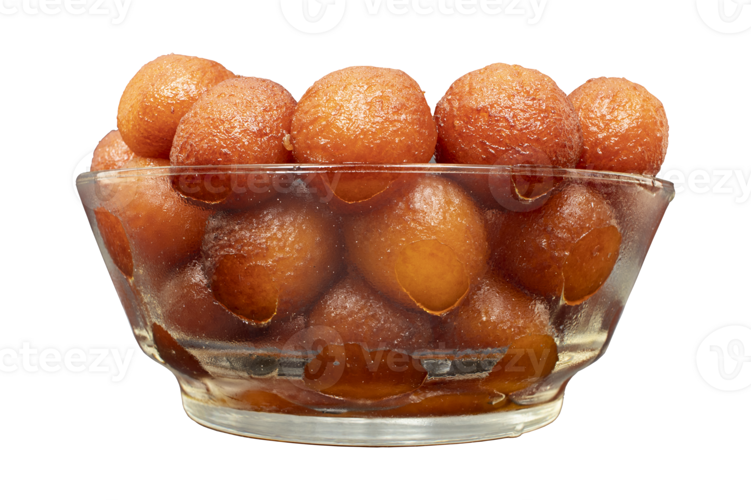 Indian Sweet Gulab jamun in transparent glass bowl with transparent background png