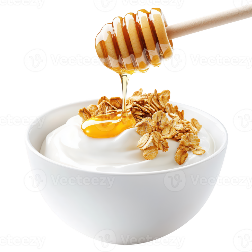 A delicious bowl of yogurt topped with granola and drizzled honey, showcasing a healthy breakfast option. Perfect for food lovers and health enthusiasts. png