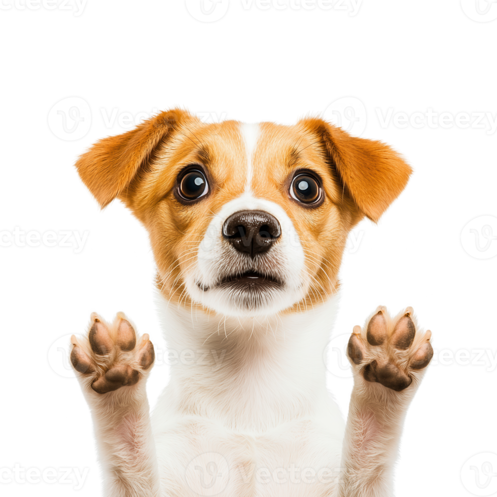 A cute dog with an expressive face and raised paws, isolated on a white background, showcasing its friendly and playful demeanor. png
