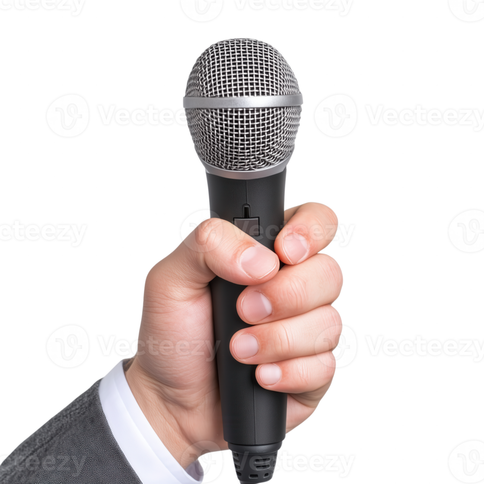 A hand holding a microphone, ready to deliver a speech or perform. The focus is on the microphone against a white isolated background. png