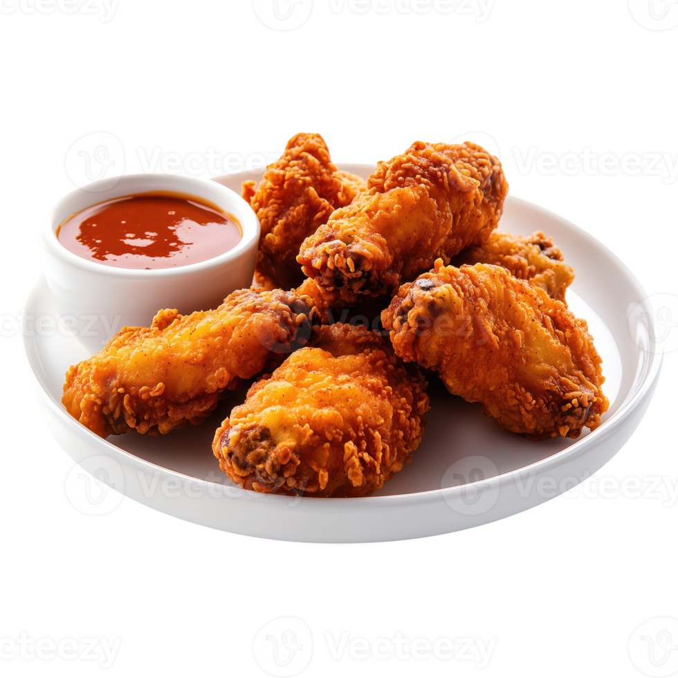 Deliciously crispy fried chicken wings served on a white plate with a side of tangy dipping sauce. Perfect for parties, gatherings, or a savory snack. png