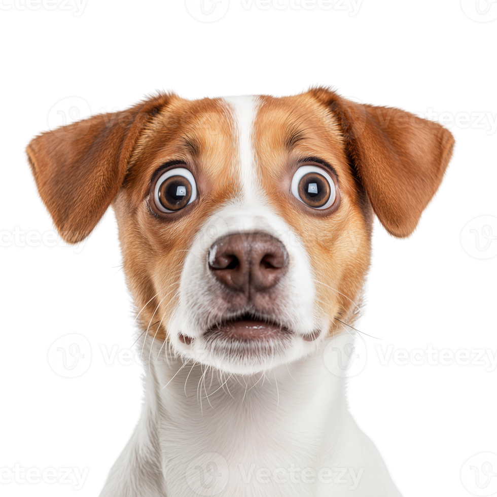 A surprised dog with wide eyes and a shocked expression, set against a white isolated background. png
