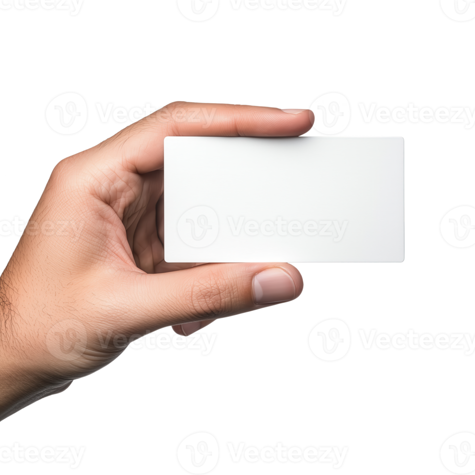 Hand holding a blank business card, perfect for customization or personal branding. Isolated on a white background for easy editing and use in various design projects. png