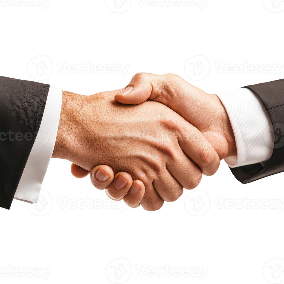 Two business professionals shaking hands, symbolizing agreement and partnership. Ideal for concepts related to teamwork, negotiations, and professional relationships. png