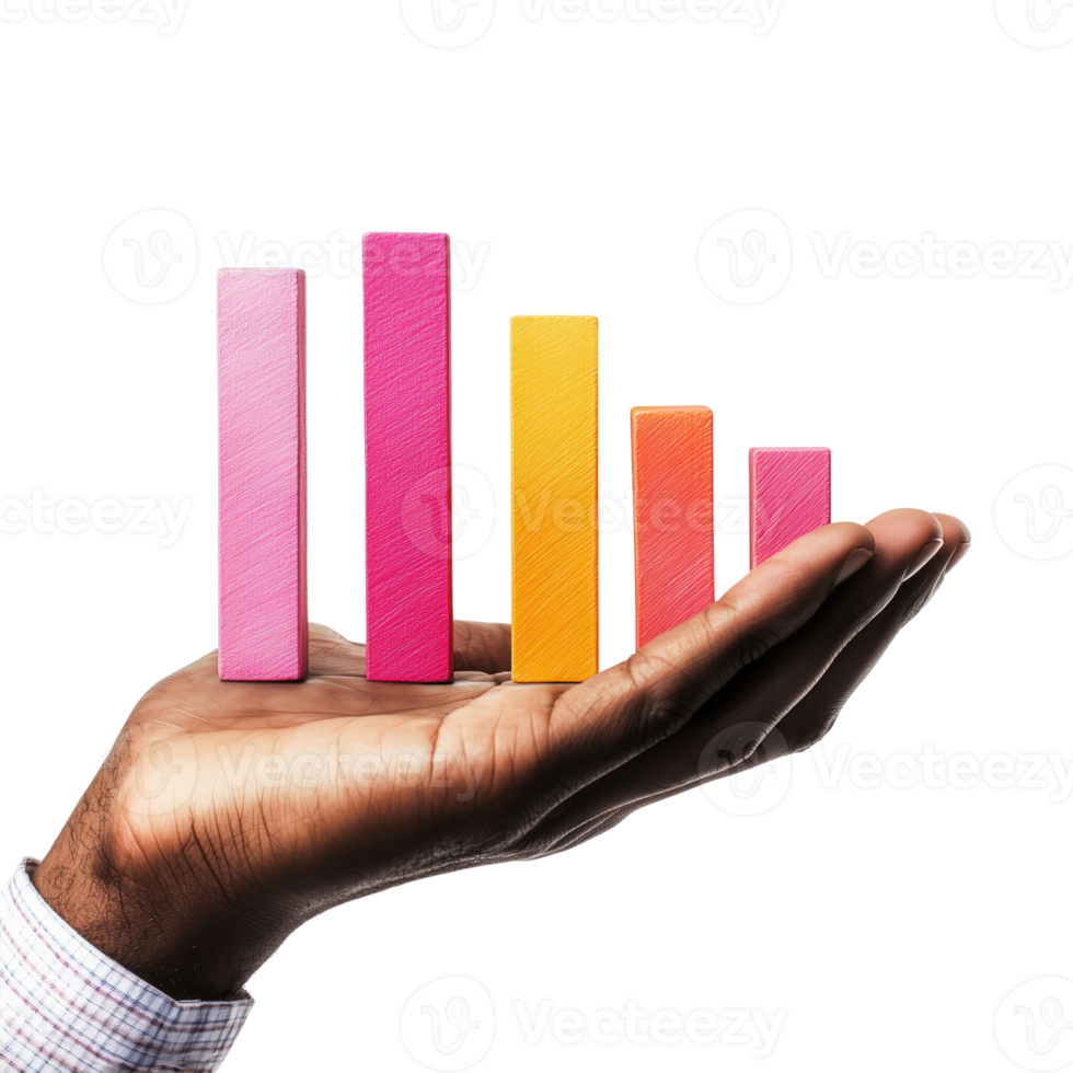 A hand holding colorful bar graphs, symbolizing growth and progress in business analytics, isolated on a white background. png