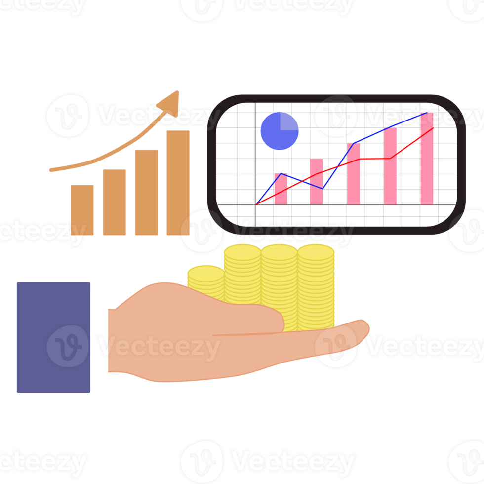 Hand holding a coin with an uptrend graph background. png
