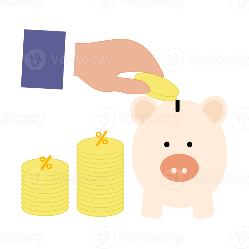 money accumulation concept. a hand putting coins into a piggy bank. style for finance and business. png