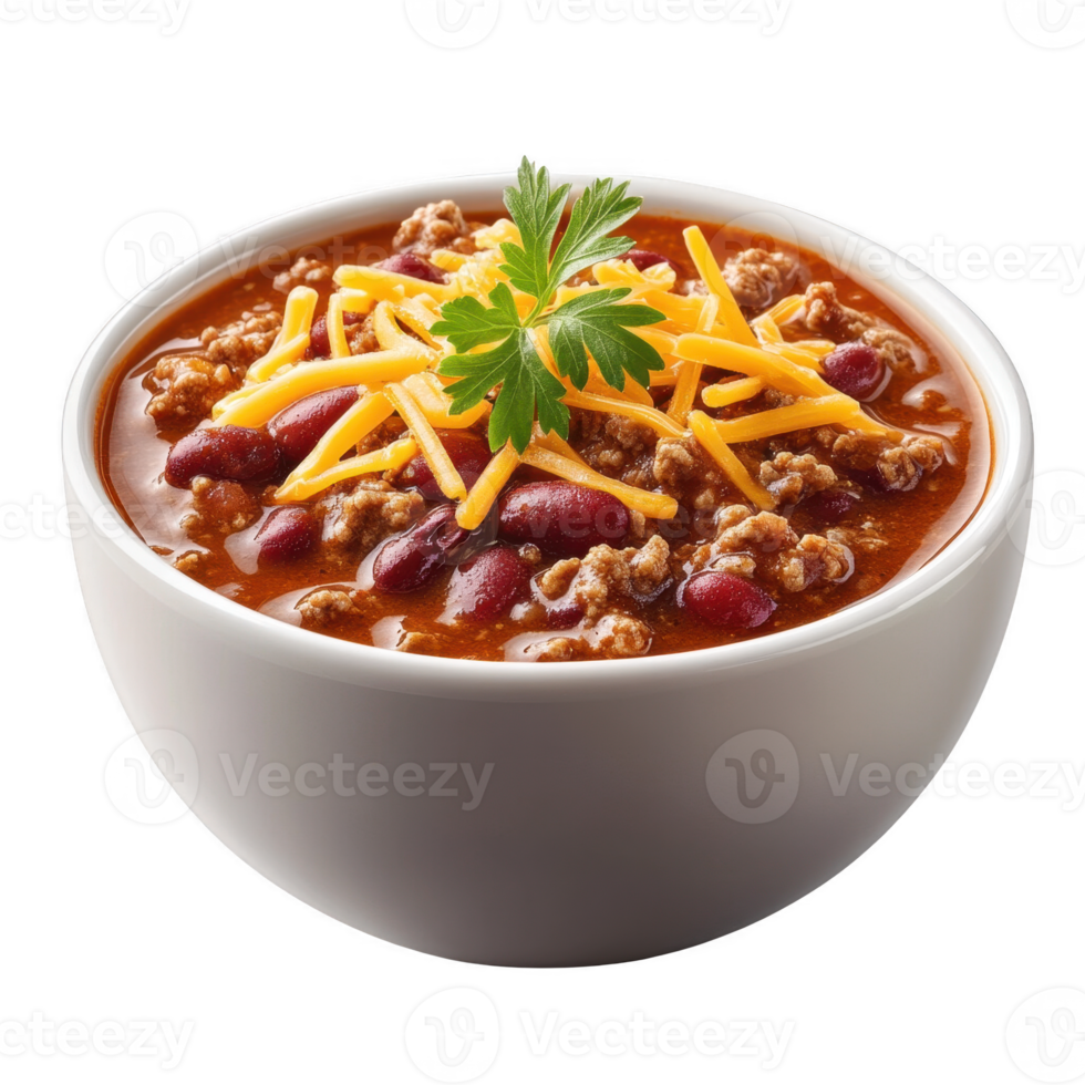A hearty bowl of chili, featuring ground beef, red beans, and shredded cheese, garnished with fresh parsley, perfect for comfort food enthusiasts. png