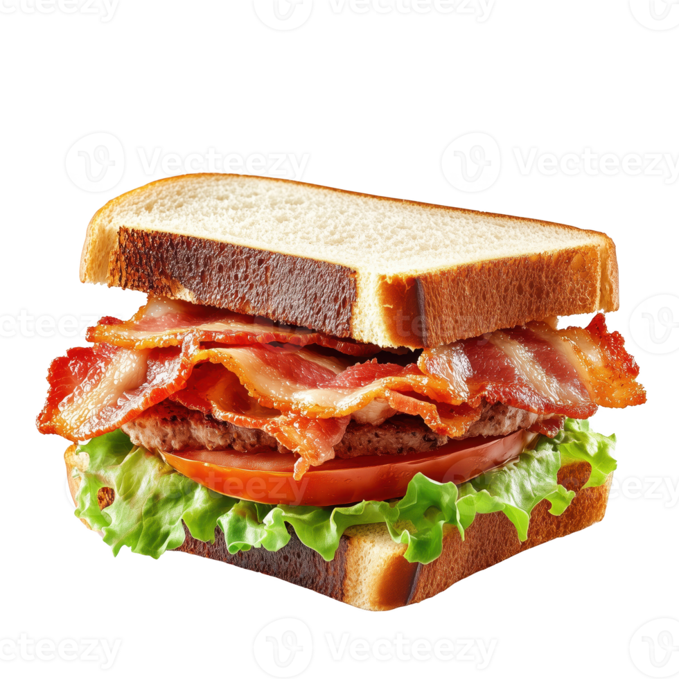 Delicious bacon sandwich featuring crispy bacon, fresh lettuce, and ripe tomato between slices of bread. png