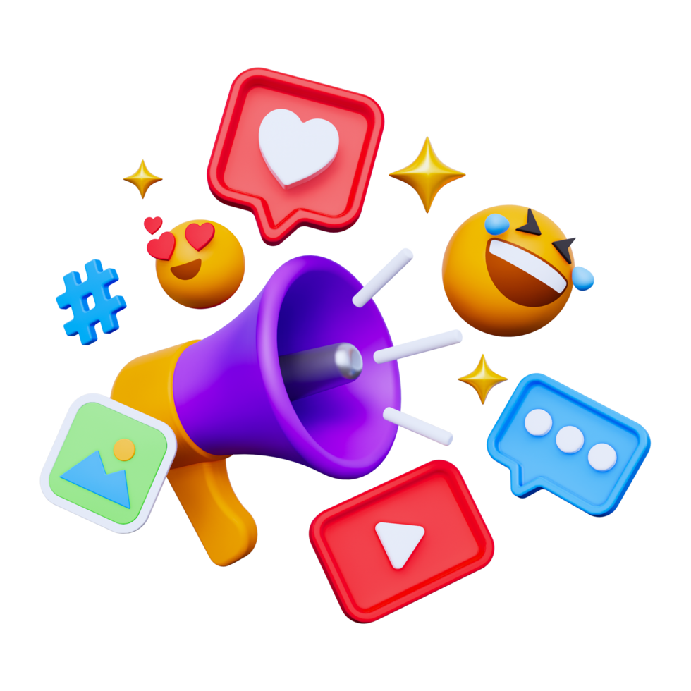 een Purper megafoon met divers emoticons en sociaal media pictogrammen png