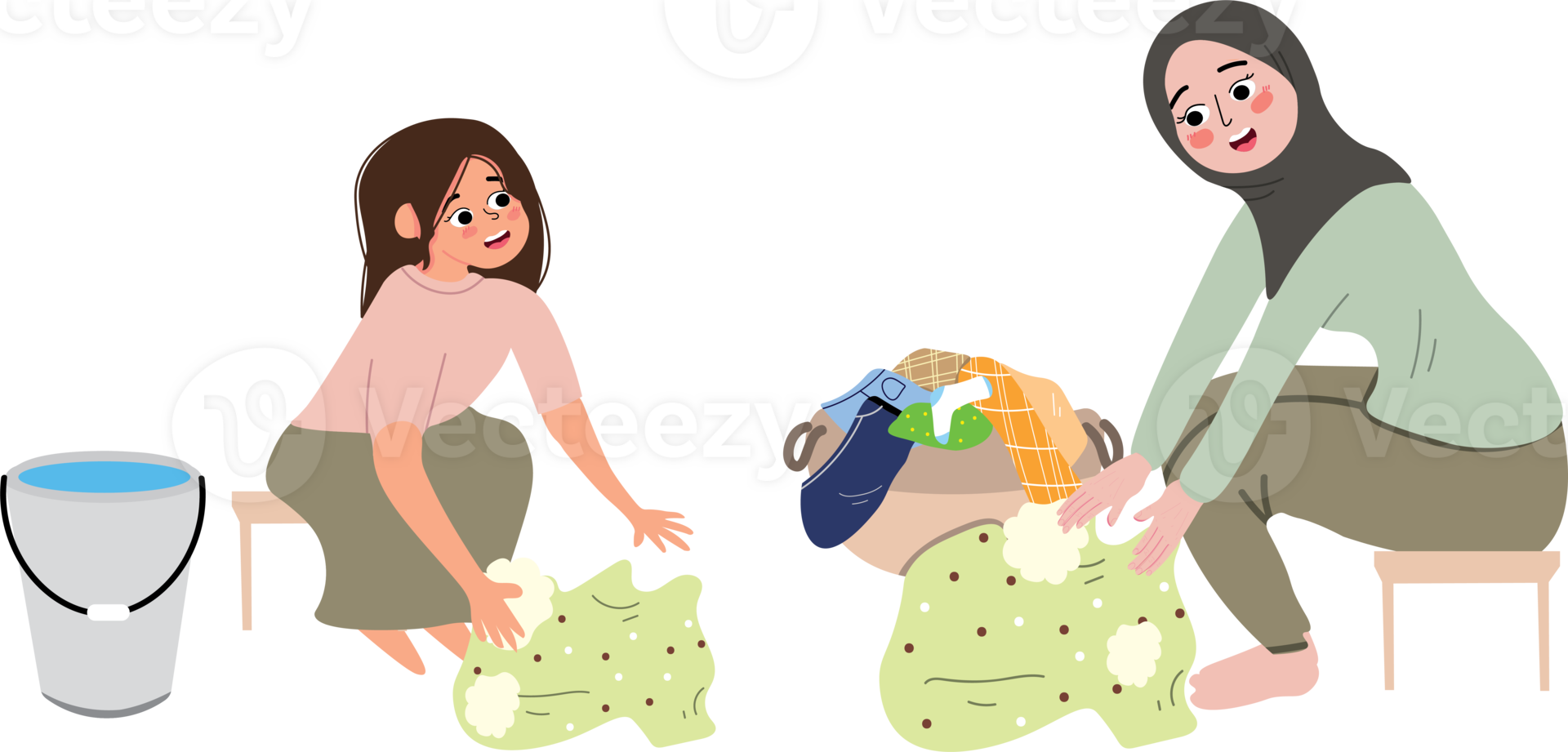 Two women are sitting on the floor and one is putting clothes in a bag png