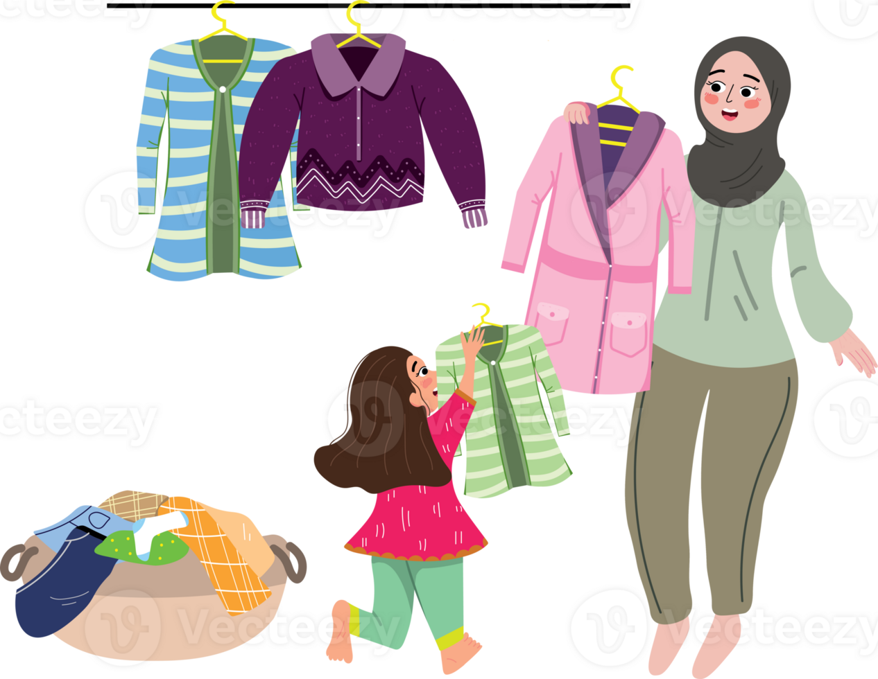 A woman and a child are looking at clothes png