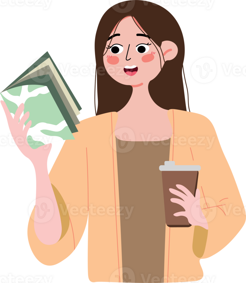 A woman holding a book and coffee png