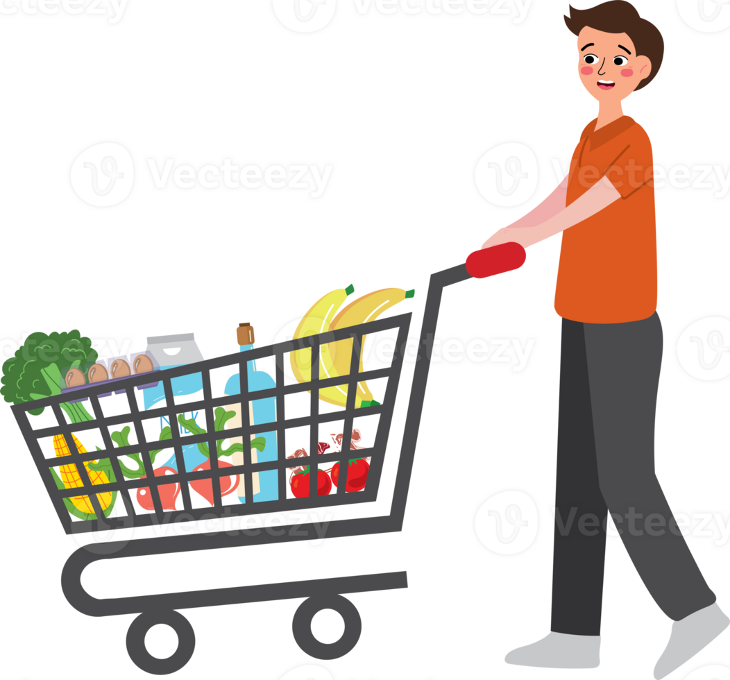 Man pushing shopping cart with groceries png