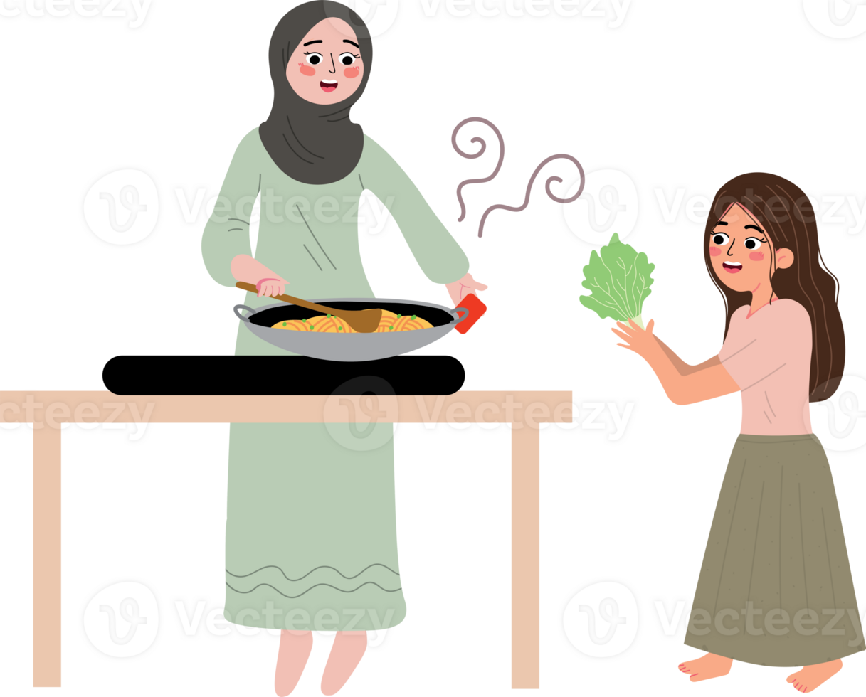 A woman cooking food for a child png