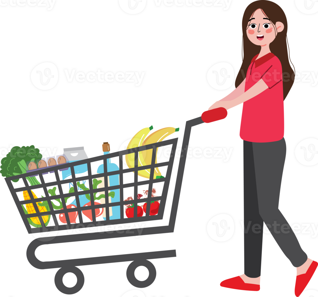 A woman pushing a shopping cart with groceries png