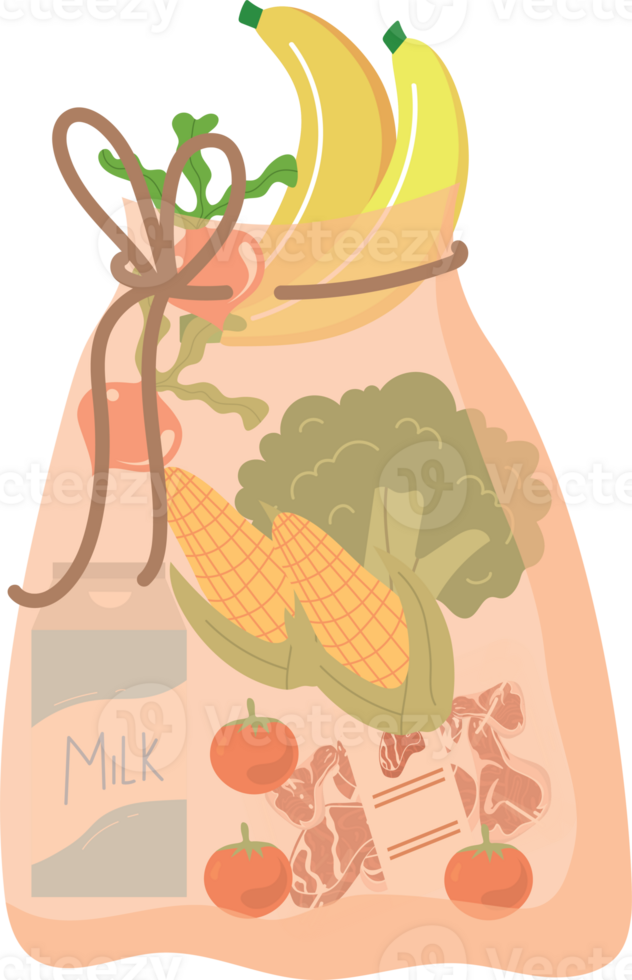 A bag of fruits and vegetables with milk png