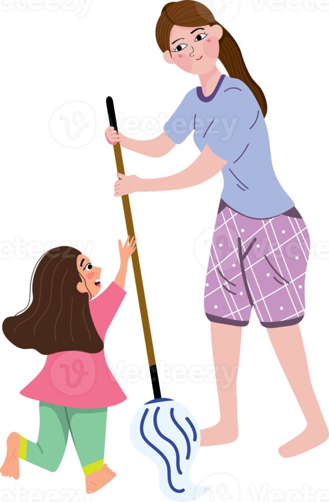 A woman and a child are cleaning the floor with a broom png