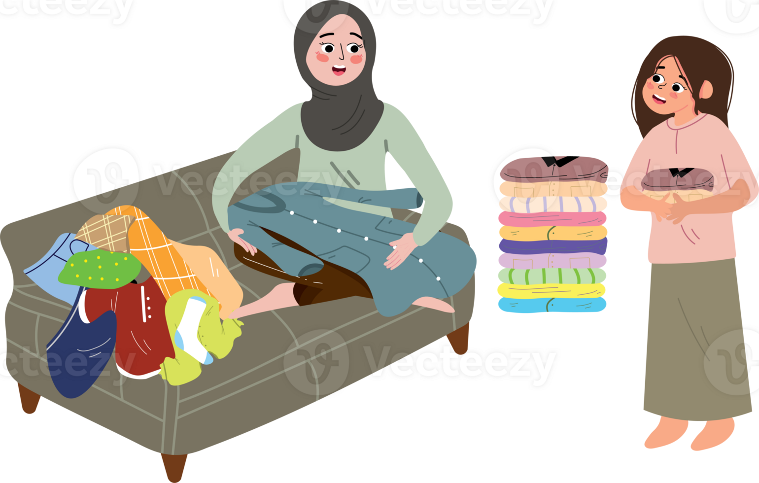 A woman is sitting on a couch with a pile of clothes png
