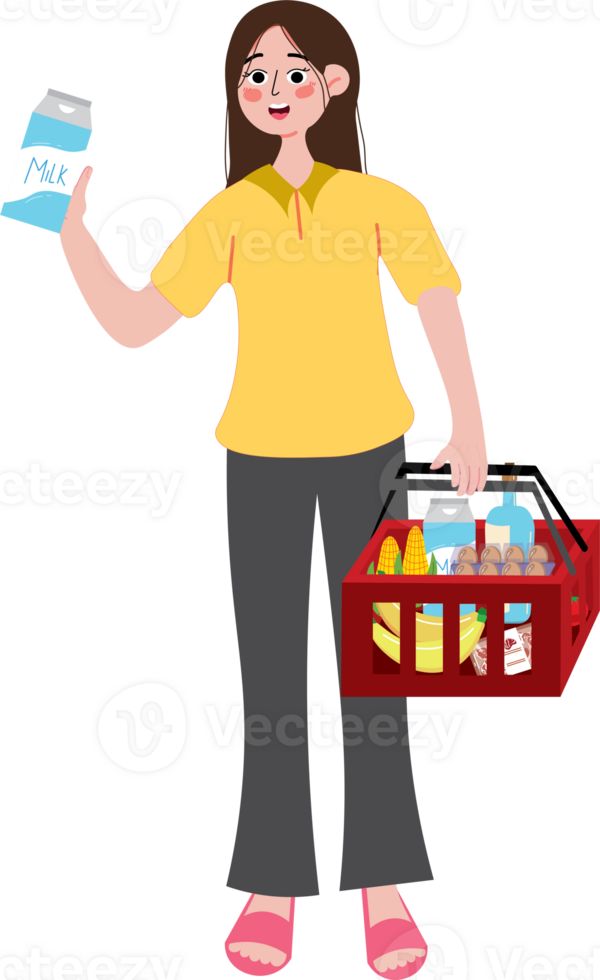 Woman holding a shopping basket with milk and other food png