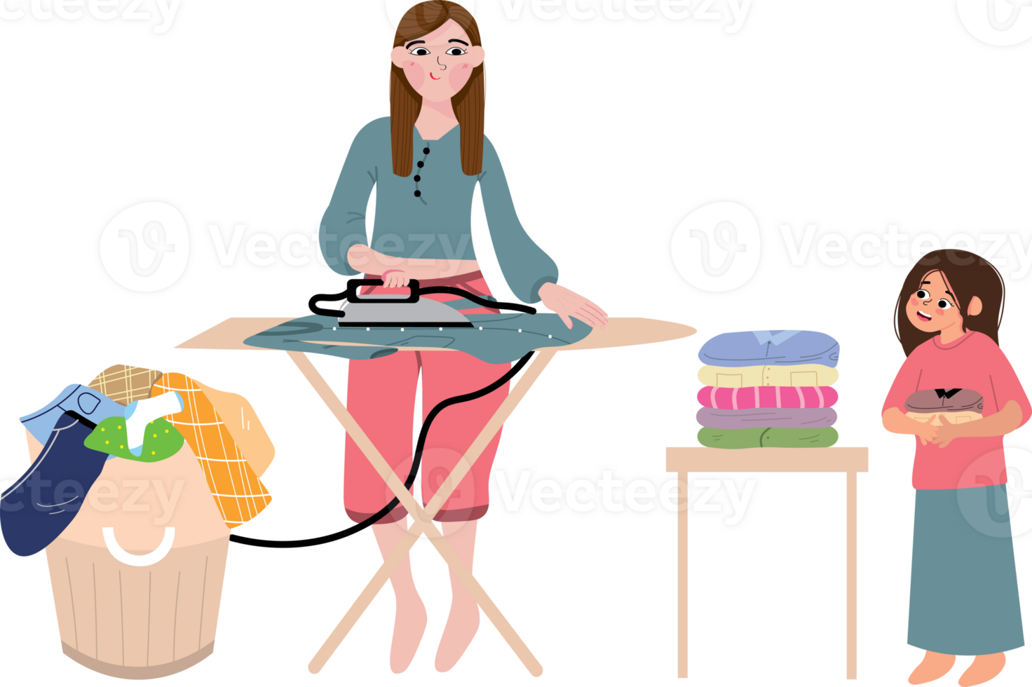 A woman ironing clothes with a child png