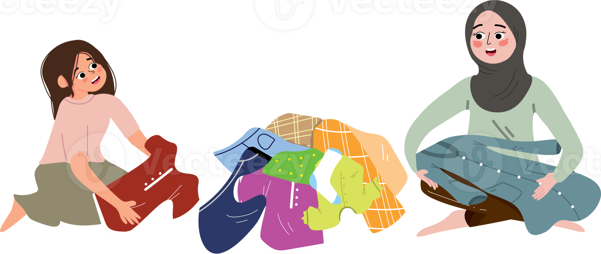 Two women are sitting on the floor with clothes png