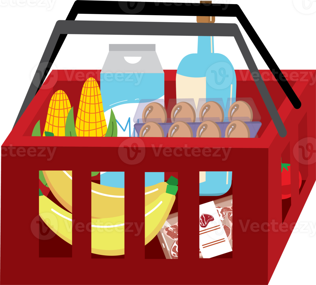 A red shopping basket filled with groceries png