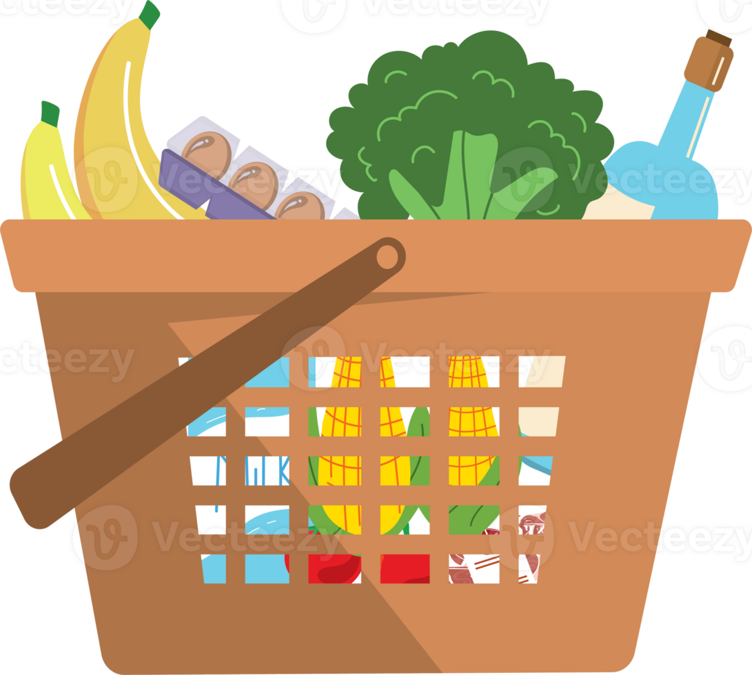 A basket full of groceries with bananas, grapes, and a bottle of wine png