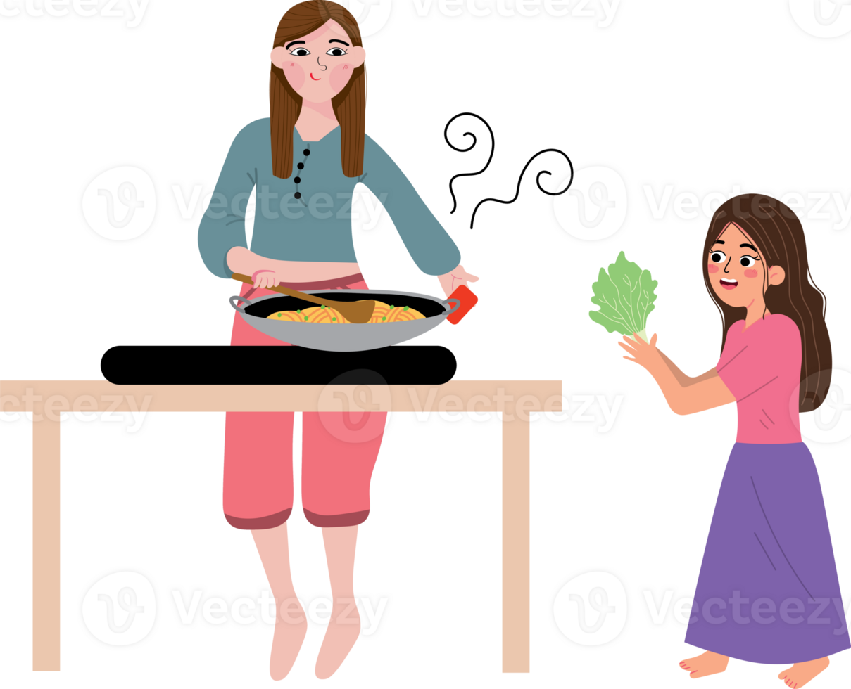 A woman and a girl are cooking food together png