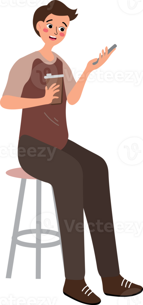 A man sitting on a stool holding a cup and a cell phone png