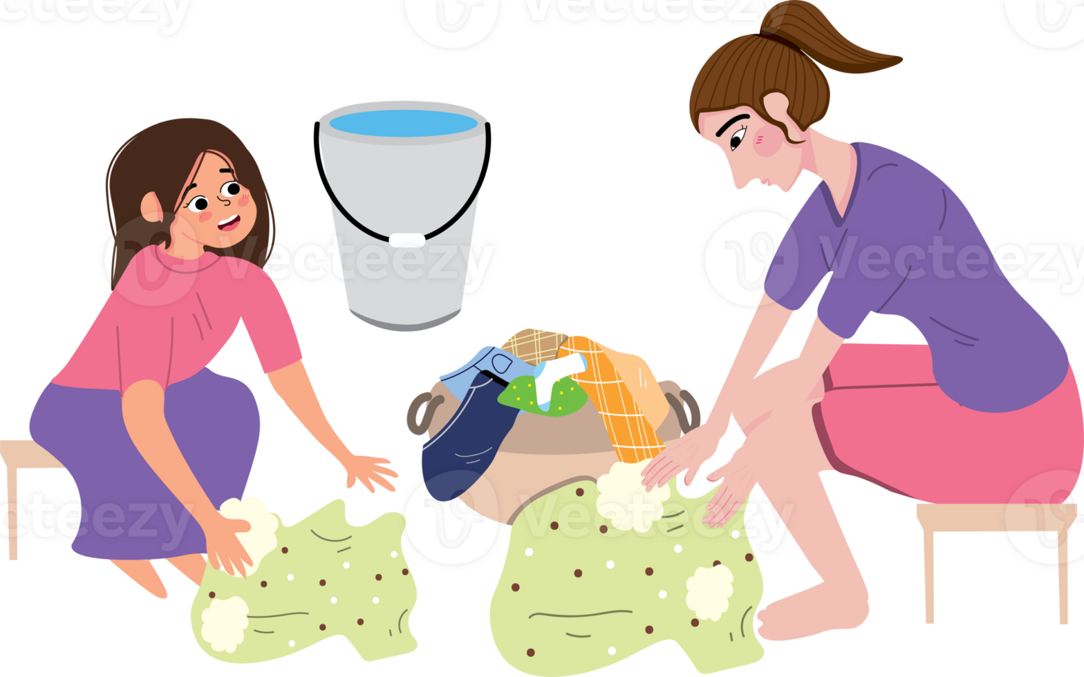 Two women are folding clothes and putting them in a basket png