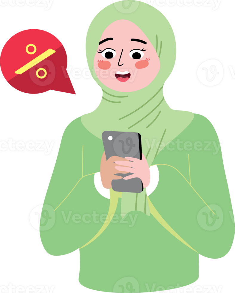Cartoon woman wearing hijab holding a smartphone png