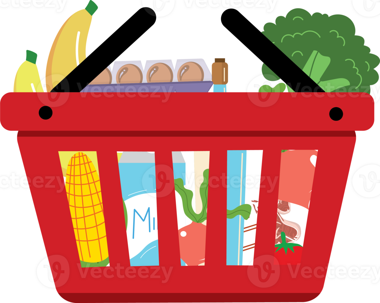 A red shopping basket filled with groceries png