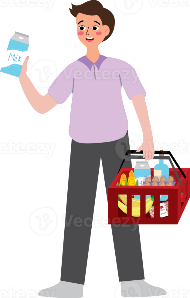 A man holding a shopping basket with milk and other items png