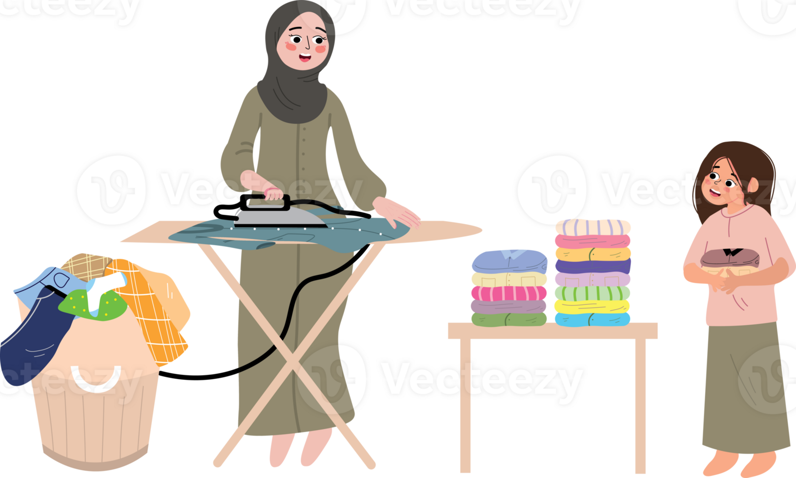 A woman ironing clothes with a child png