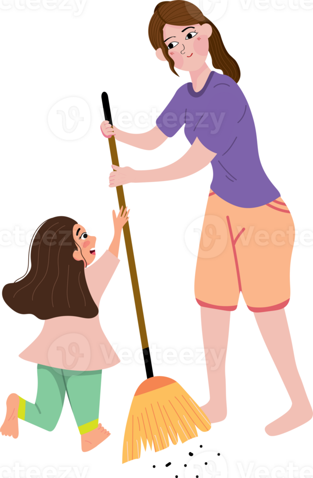 A woman and a child are sweeping the floor png