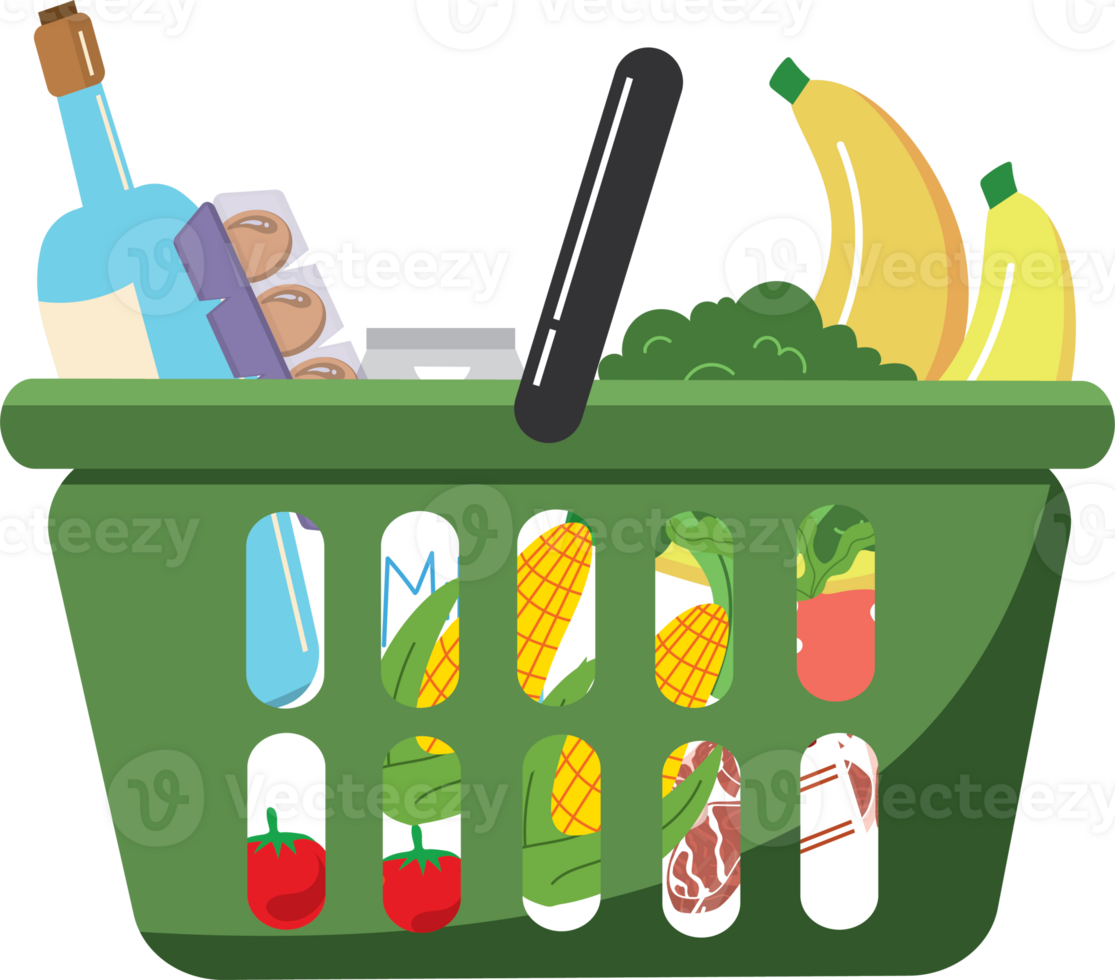 A basket full of groceries with fruit and vegetables png