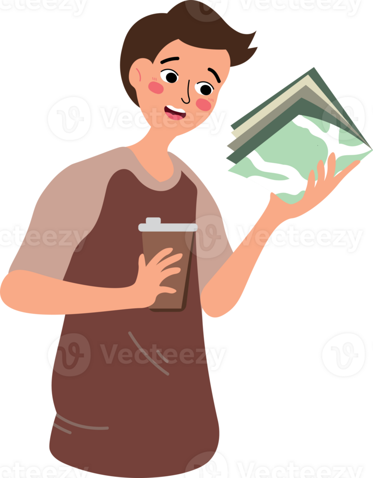 A cartoon man holding a stack of money and a cup of coffee png