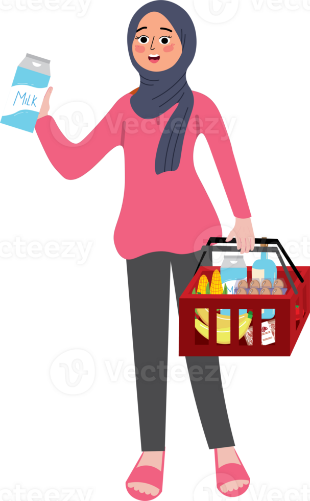 A woman with a shopping basket holding a bottle of milk png