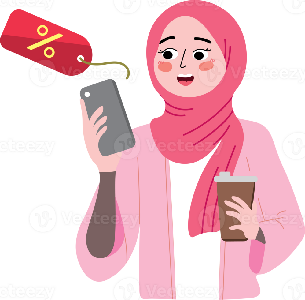 A woman in hijab holding a smartphone and a coffee cup png