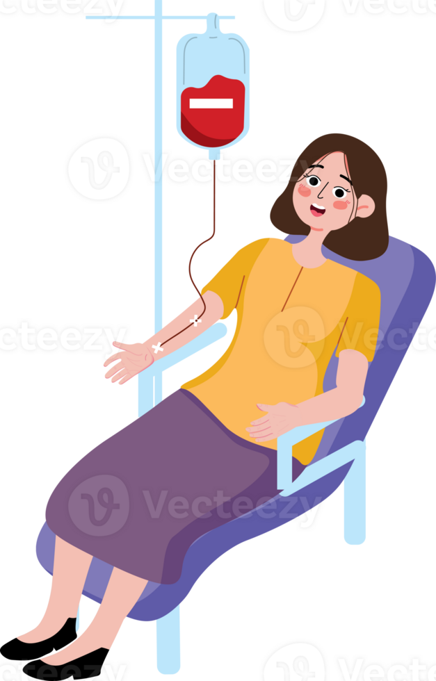 A woman is sitting in a chair with a blood bag png