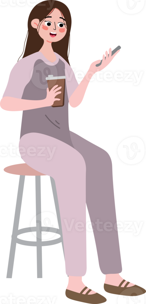 A cartoon woman sitting on a stool holding a cup of coffee png