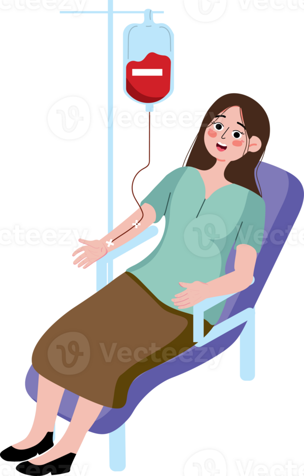 A woman is sitting in a chair with a blood bag png