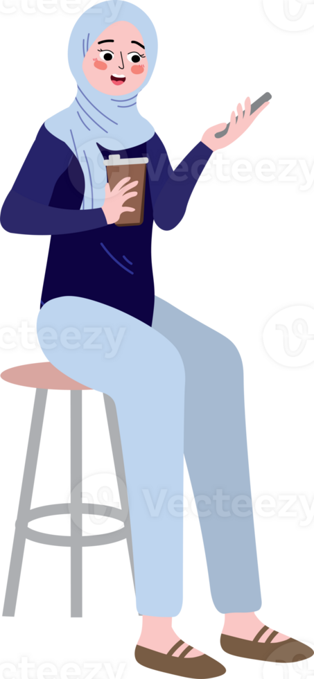 A cartoon woman wearing a hijab sitting on a stool holding a cup of coffee png