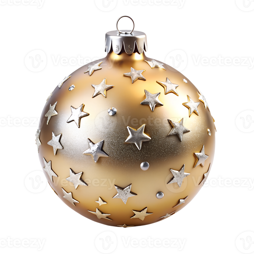 Golden Shiny Christmas Ball With Stars Ornament for Christmas Tree Decoration Clipping Path on Transparent background png