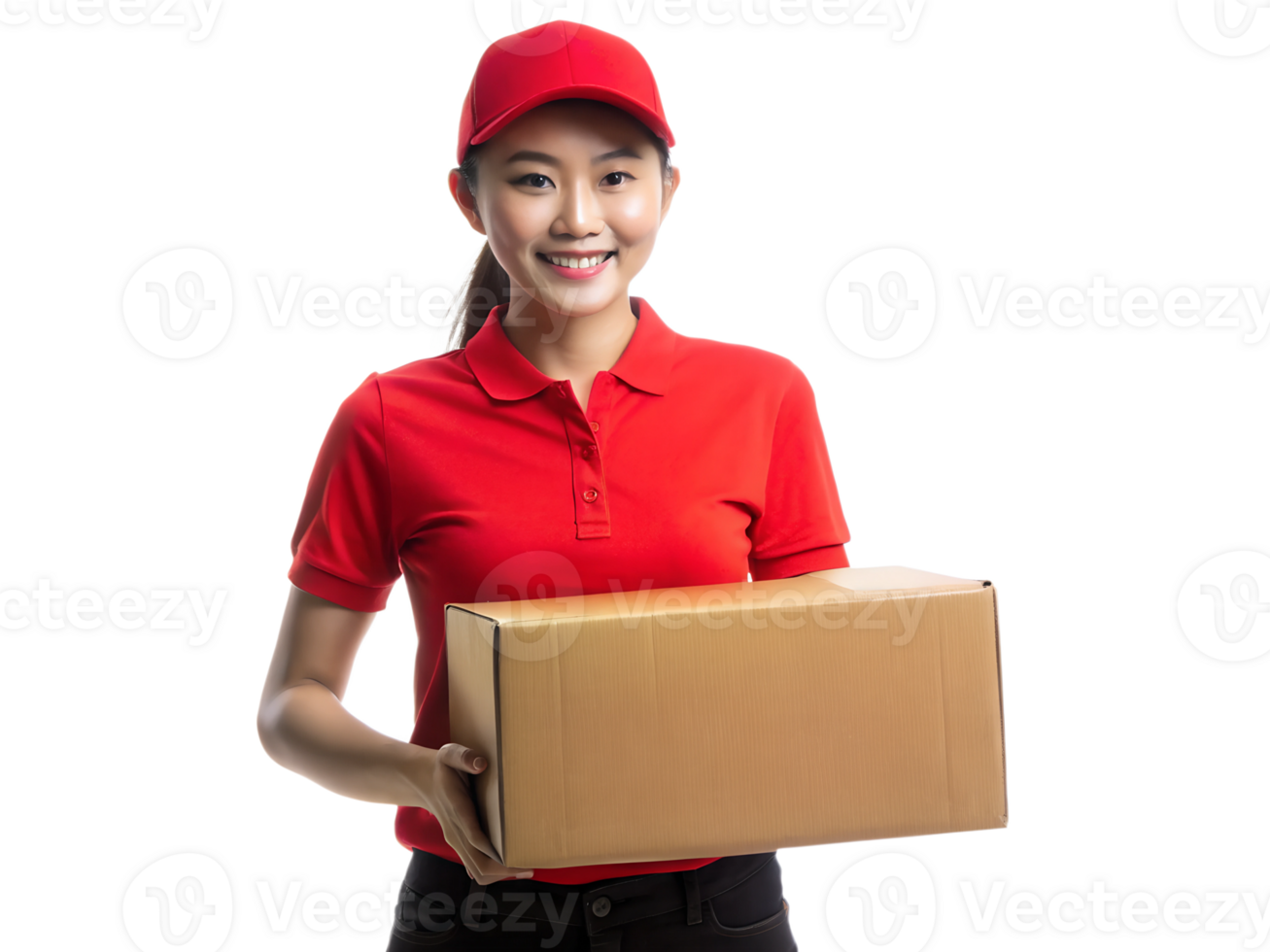 Young Lady Delivery Woman Holding a Cardboard Box in Red Casual Clothes, Clipping Path Transparent Background png