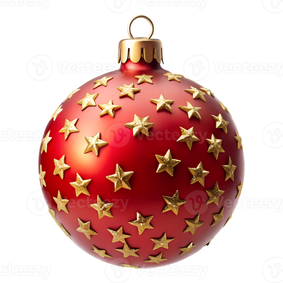 Red Shiny Christmas Ball With gold Stars Ornament for Christmas Tree Decoration Clipping Path on Transparent background png