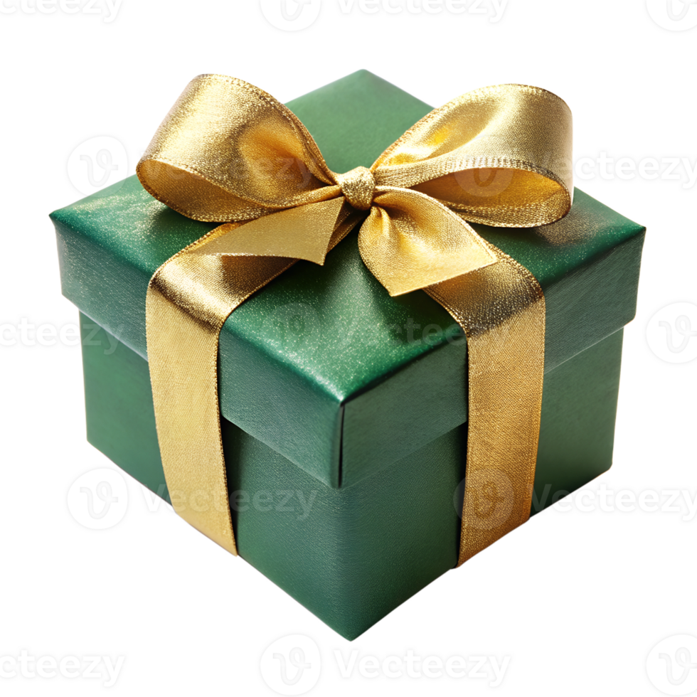 Green Gift Box With A Gold Ribbon and Bow Clipping Path on Transparent background png