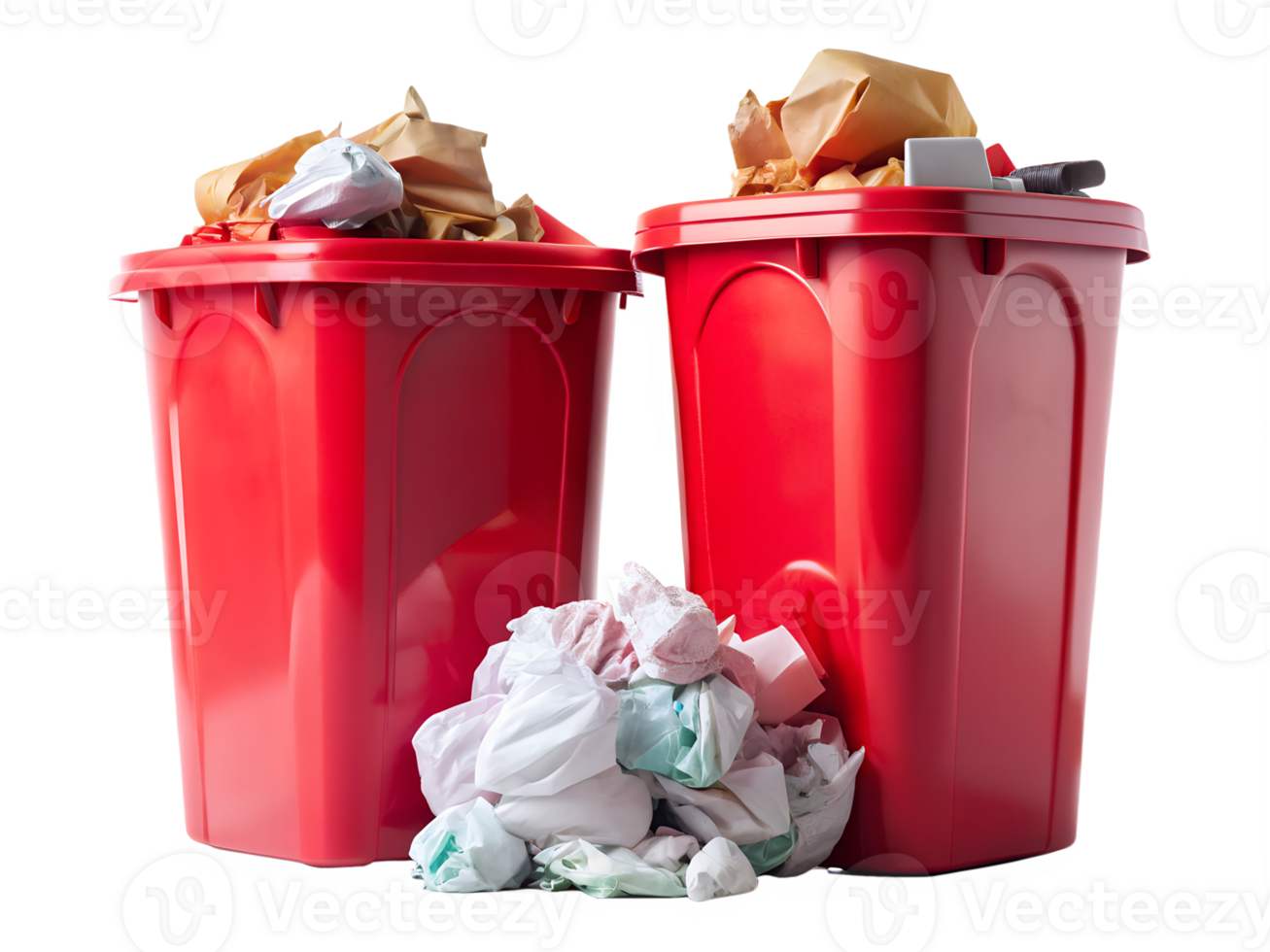 Two red trash cans with paper and trash png