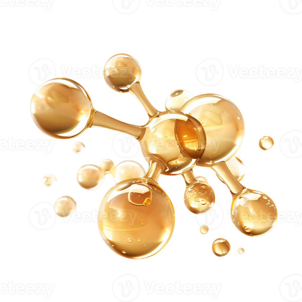 Premium Molecule and Golden Liquid Bubble 3D Rendering png